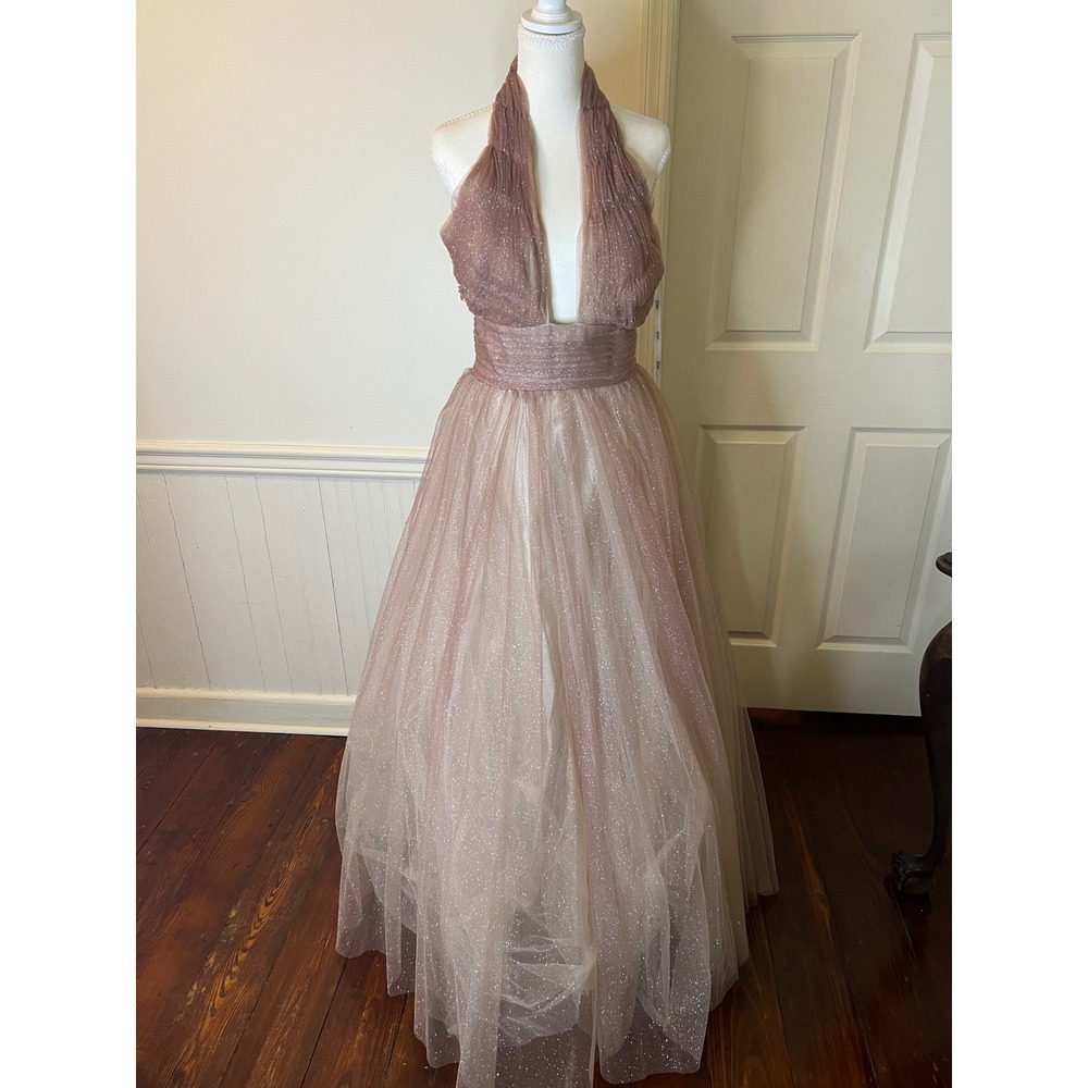Mac Duggal 20376 Mauve Rose Glitter Tulle Halter Neck Gown Formal Prom Dress NEW - Picture 2 of 13